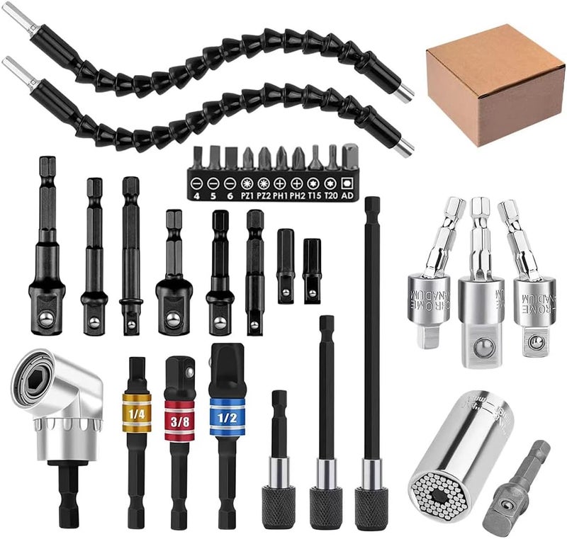 Grednfhat 32pcs Flexible Drill Bit Extension Set, Rotatable Joint Socket 1/4 3/8 1/2 Inch Hex Socket Adapter, 105°Right Angle Drill Attachmen, Bendable Screwdriver Kit with a Box (Black) - Image 1